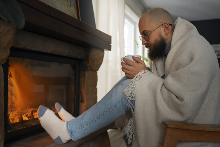 Man warming his feet at the fireplace