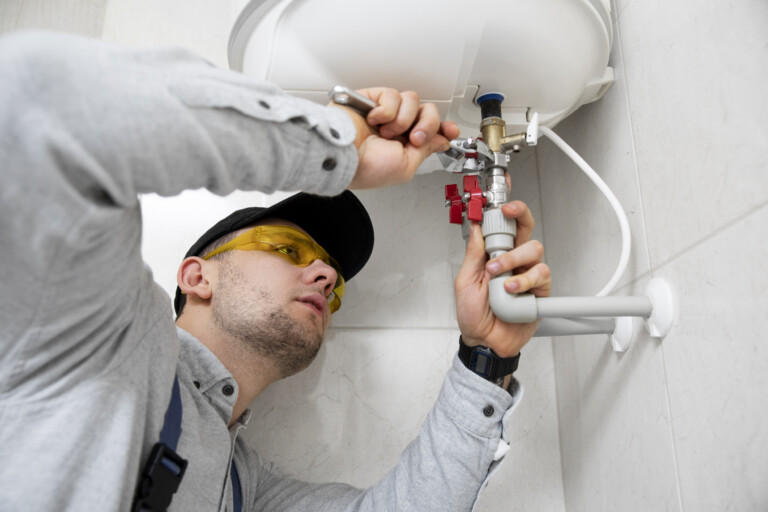 Engineer repairing water heater